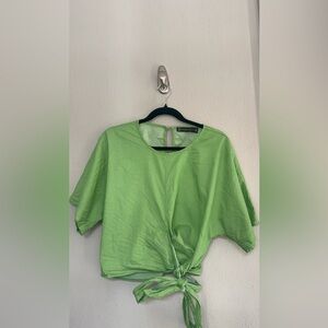 New York & Company Green Tie Front Crop Blouse – Short Sleeve – Lightweight –